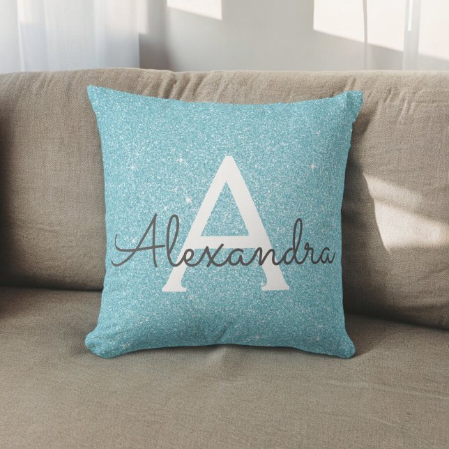 Teal Blue Sparkle Glitter Monogram Name & Initial Cushion (Creator Uploaded)