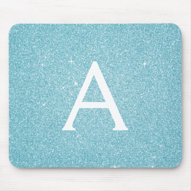 Teal Blue Sparkle Glitter Monogram Name Mousepad (Front)