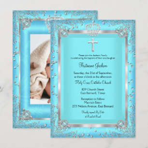 Teal Blue Sparkle Photo Baptism Christening Invitation