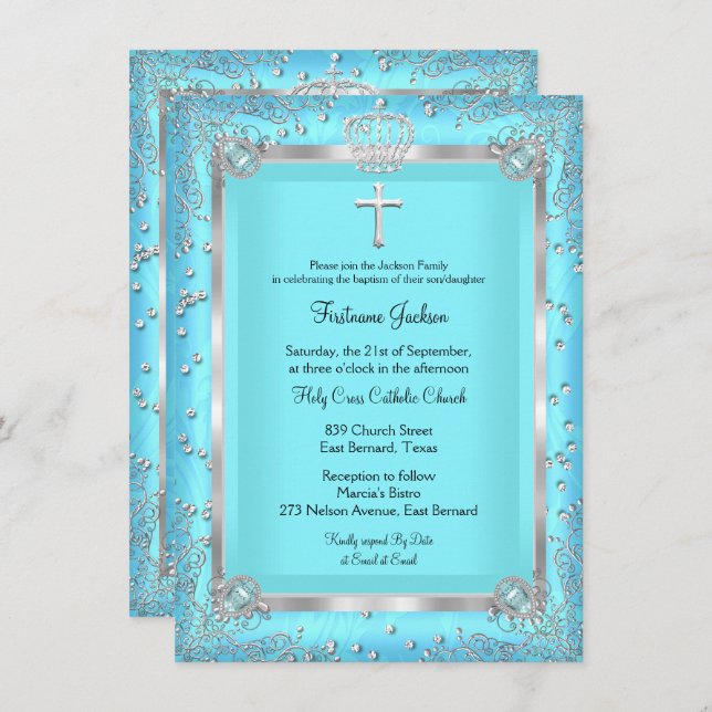 Teal Blue Sparkle Photo Baptism Christening Invitation (Front/Back)