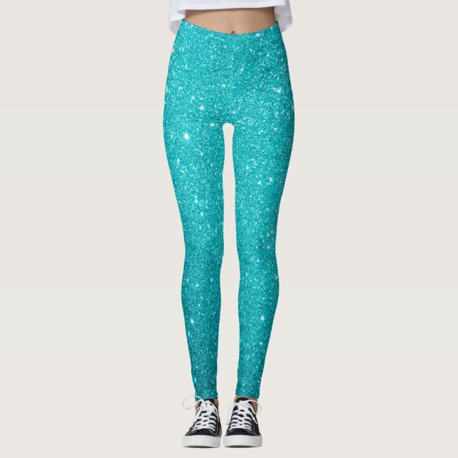 Teal Blue Sparkling Glitter Glam  Leggings (Front)