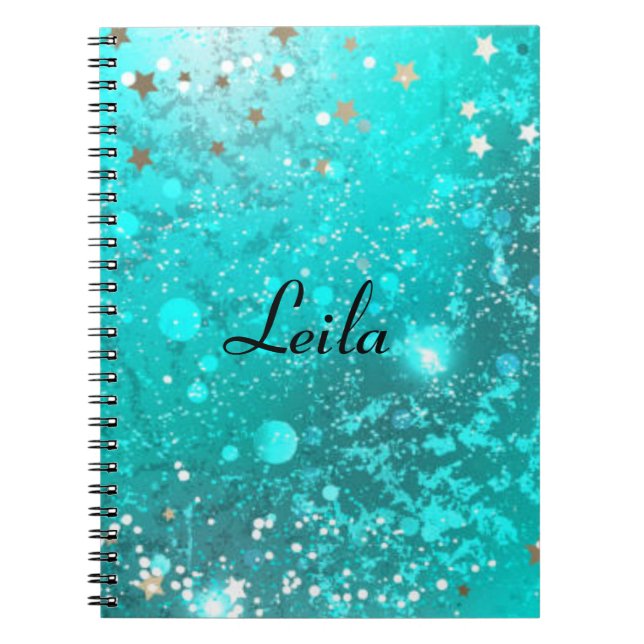 Teal Blue Sparkly Glitter Name Aqua Notebook (Front)
