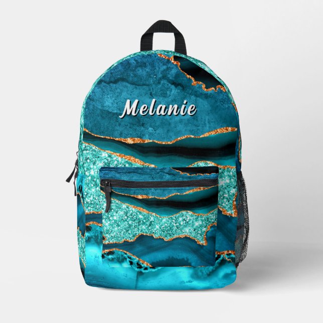 Teal Blue Sparkly Gold Backpack Personalised Name (Front)