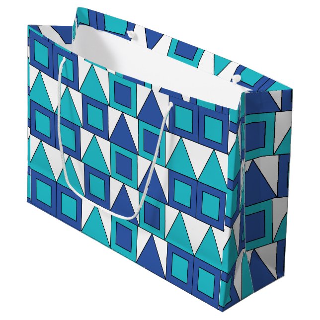 Teal Blue Square Triangle Geometric Large Gift Bag (Front Angled)