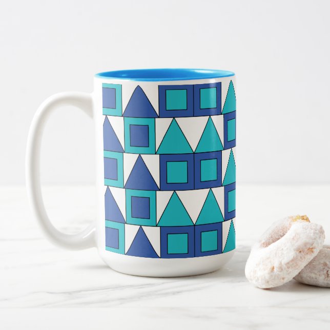 Teal Blue Square Triangle Geometric  Two-Tone Coffee Mug (With Donut)
