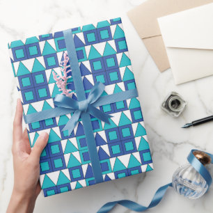 Teal Blue Square Triangle Geometric Wrapping Paper
