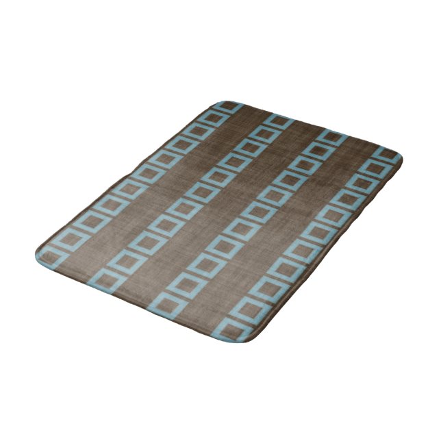 Teal Blue Squares Pattern On Dark Coffee Brown Bath Mat (Angled)