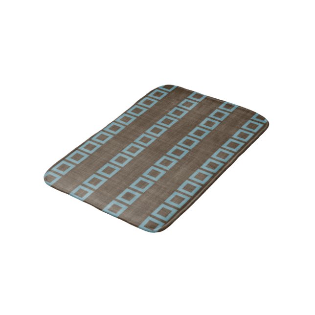 Teal Blue Squares Pattern On Dark Coffee Brown Bath Mat (Angled)