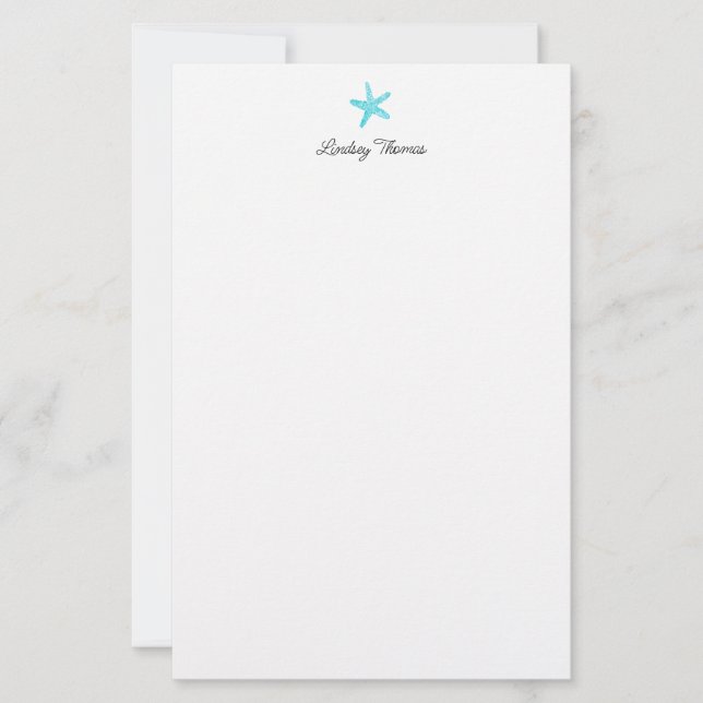 Teal Blue Starfish Personalised Stationery Paper (Front)
