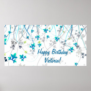 Teal Blue Streamers Birthday Party Banner Poster