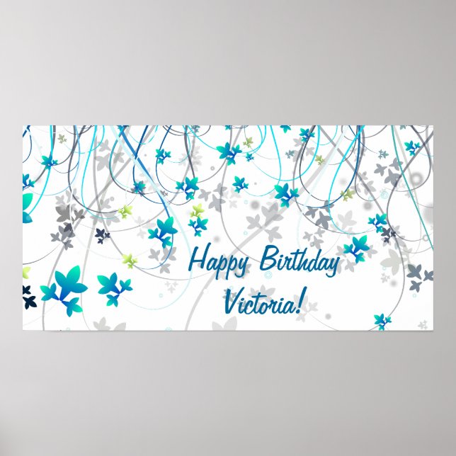 Teal Blue Streamers Birthday Party Banner Poster (Front)