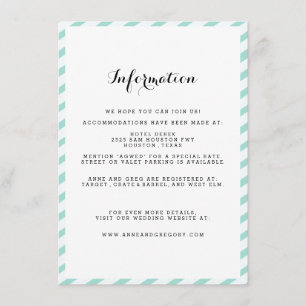Teal Blue Striped Wedding Information Insert Card