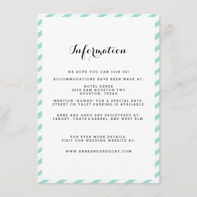 Teal Blue Striped Wedding Information Insert Card (Front)