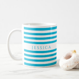 Teal Blue Stripes Pattern Name Coffee Mug