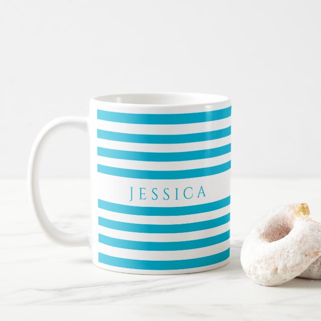 Teal Blue Stripes Pattern Name Coffee Mug (With Donut)