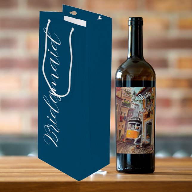 Teal Blue Stylised Script Wedding Bridesmaid Wine Gift Bag (In Situ)