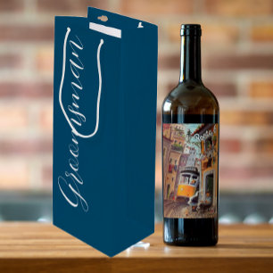 Teal Blue Stylised Script Wedding Groomsman Wine Gift Bag