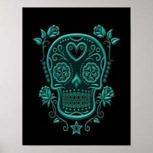 Teal Blue Sugar Skull with Roses on Black Poster
