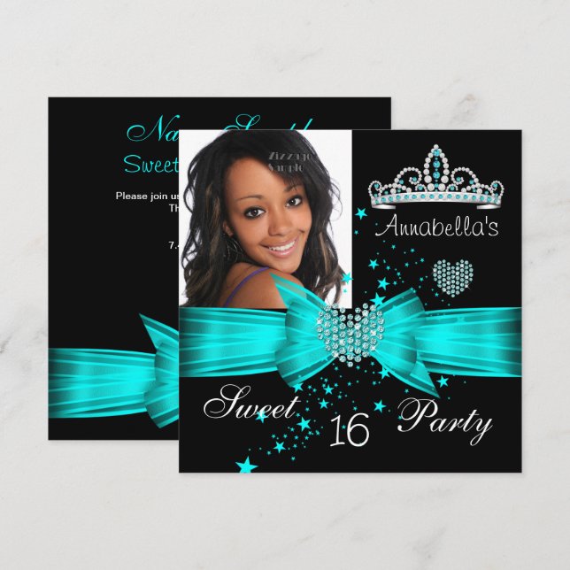 Teal Blue Sweet 16 Birthday Diamond Tiara Photo Invitation (Front/Back)