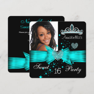 Teal Blue Sweet 16 Birthday Diamond Tiara Photo Invitation