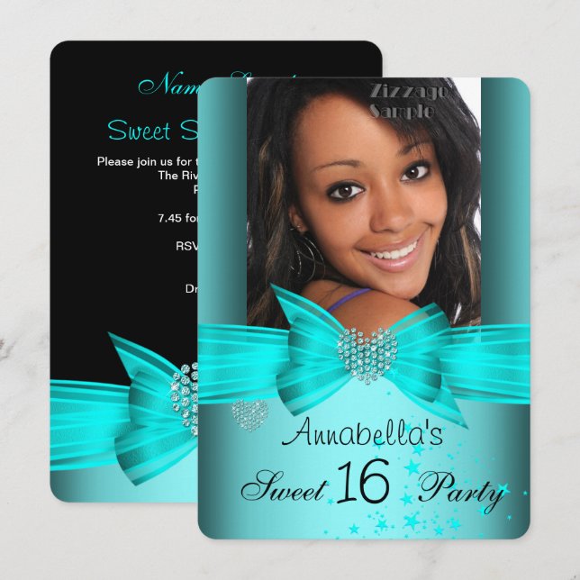 Teal Blue Sweet 16 Birthday Party Diamond Photo 2 Invitation (Front/Back)