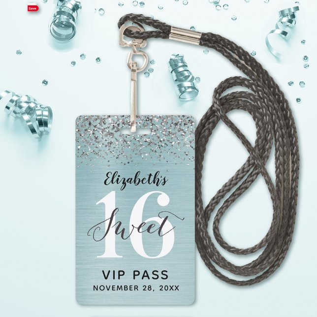 Teal Blue Sweet 16 Birthday VIP ID Badge (A cute blue sweet sixteen lanyard birthday party invitation with silver glitter.)