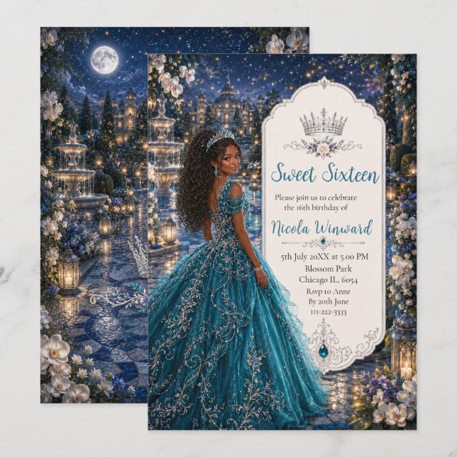 Teal Blue Sweet 16 Princess Ball Invitation (Front/Back)