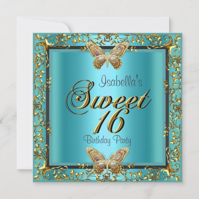 Teal Blue Sweet Sixteen 16 Gold Butterfly Invitation (Front)