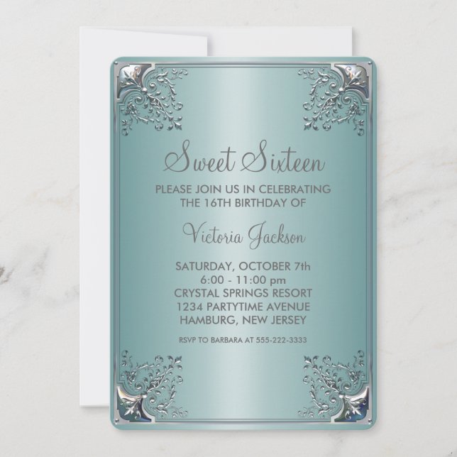 Teal Blue Sweet Sixteen Birthday Party Invitation (Front)