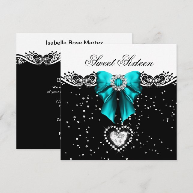 Teal Blue Sweet Sixteen Sweet 16 Party Invitation (Front/Back)