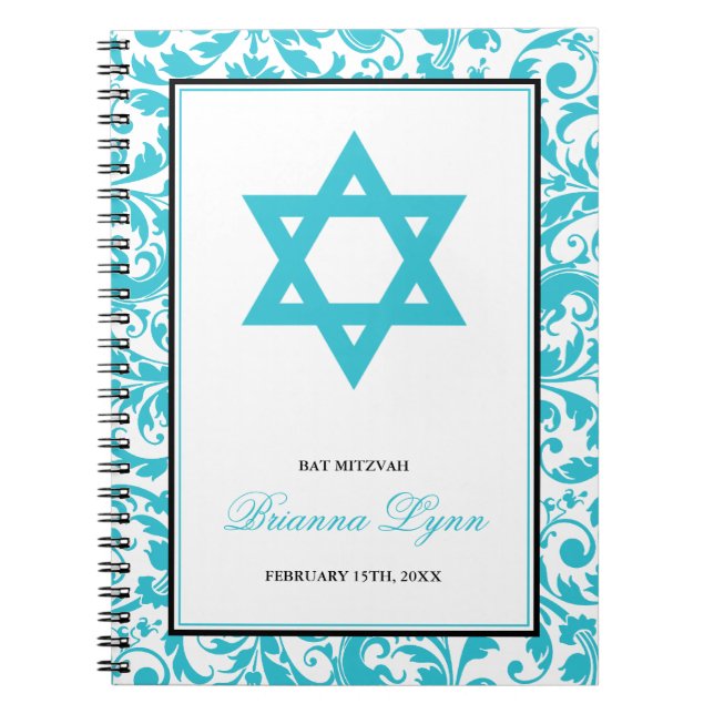 Teal Blue Swirl Damask Bat Mitzvah Guest Book (Front)
