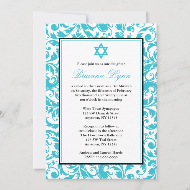 Teal Blue Swirl Damask Bat Mitzvah Invitations (Front)