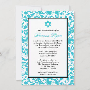 Teal Blue Swirl Damask Bat Mitzvah Invitations