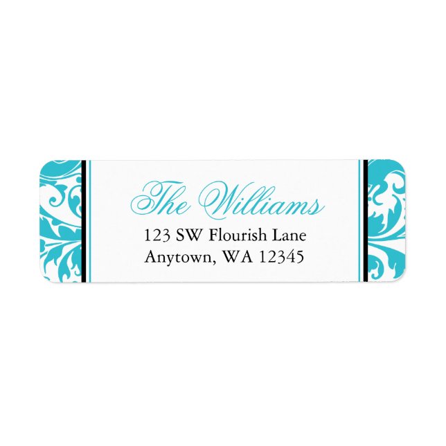 Teal Blue Swirl Damask Return Address (Front)