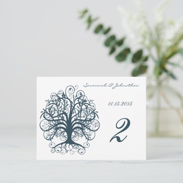 Teal Blue Swirl Tree Table Number Cards (Standing Front)