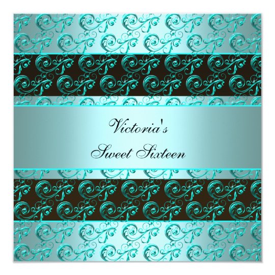 Teal Blue Swirls Elegant Sweet Sixteen Card