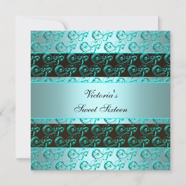 Teal Blue Swirls Elegant Sweet Sixteen Invitation (Front)