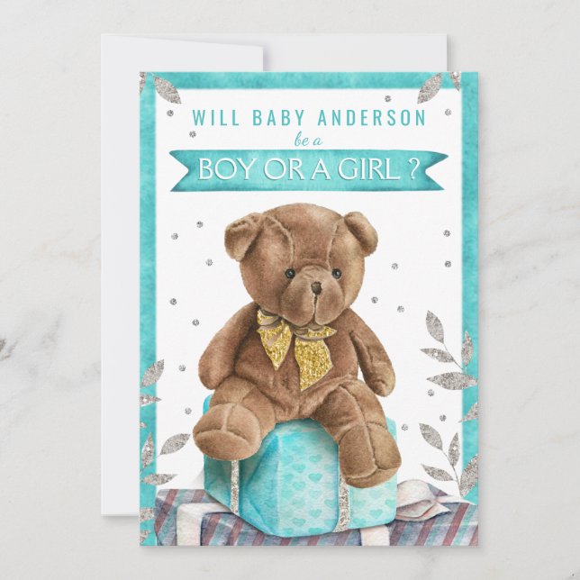 Teal Blue Teddy Bear Gender Reveal Invitations (Front)