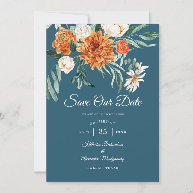 Teal Blue Terracotta Autumn Floral Photo Wedding  Save The Date (Front)