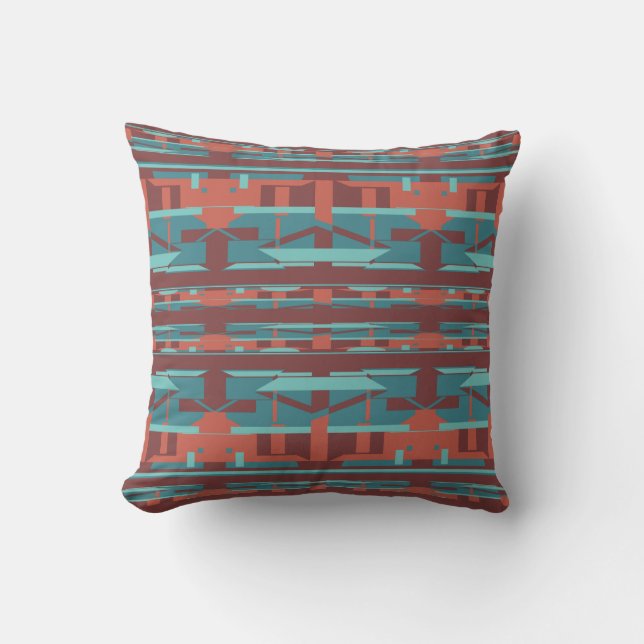 Teal Blue Terracotta Burgundy Tiled Southwest Look Cushion (Front)