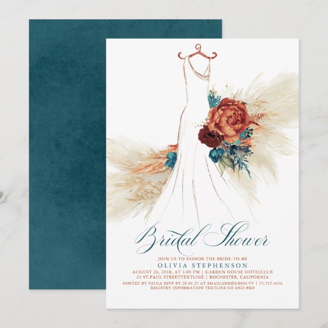 Teal Blue Terracotta Floral Boho Bridal Shower Invitation (Front/Back)