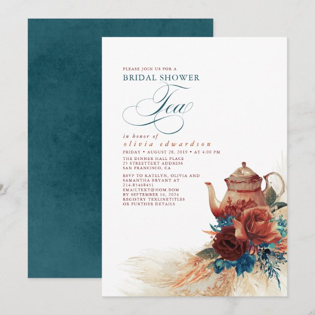Teal Blue Terracotta Floral Bridal Shower Tea Invitation (Front/Back)