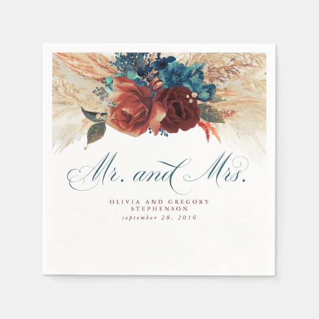 Teal Blue Terracotta Floral Pampas Grass Wedding Napkin (Front)