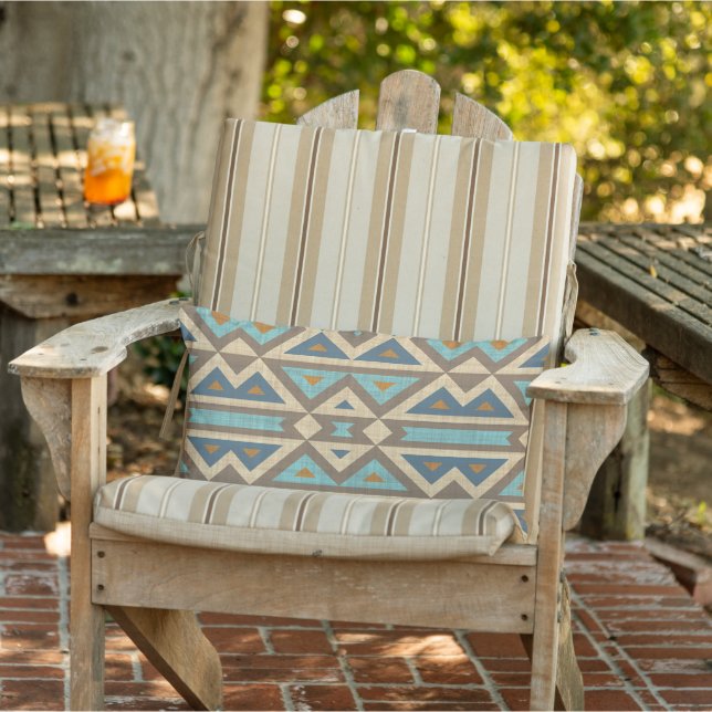 Teal Blue Terracotta Orange Taupe Brown Tribal Art Lumbar Cushion (Chair)
