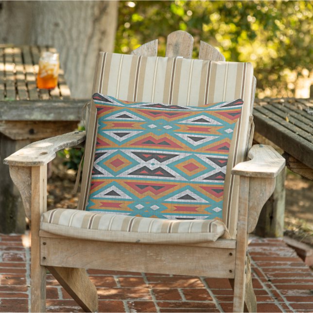 Teal Blue Terracotta Red Orange Orient Tribal Art Cushion (Chair)