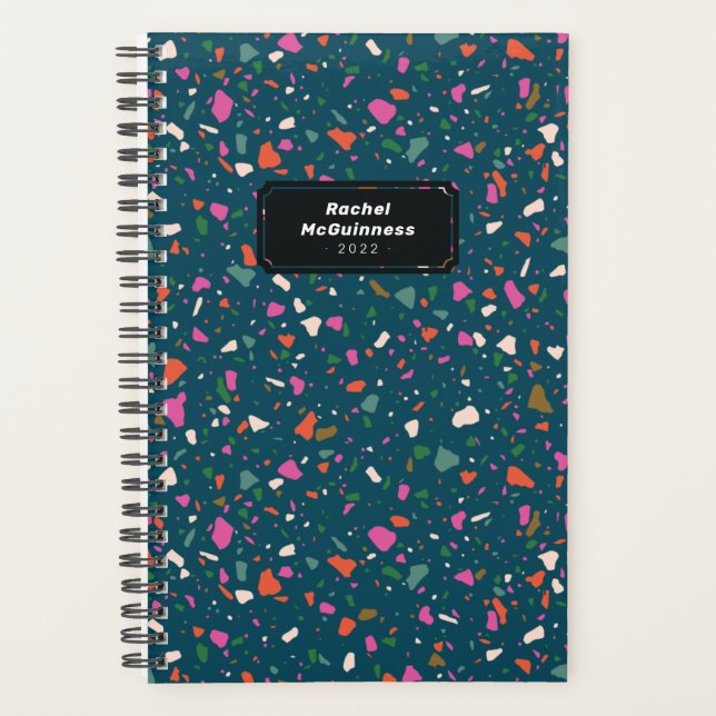 Teal Blue Terrazzo Planner with Name and Year (Front)