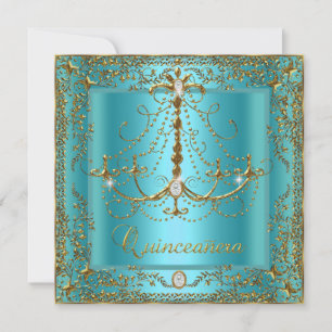 Teal Blue Tiara Gold Quinceanera 15th Birthday Invitation