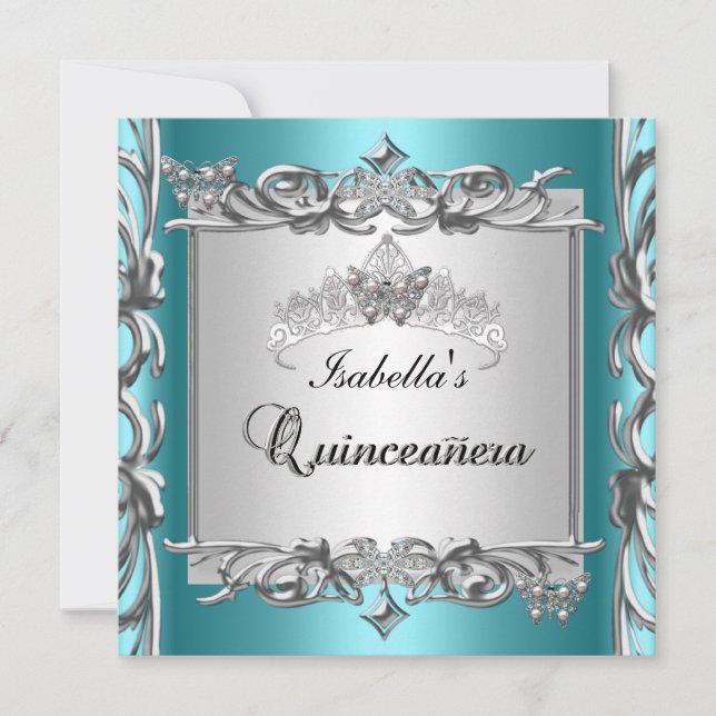 Teal Blue Tiara Quinceanera 15th Birthday Invitation (Front)