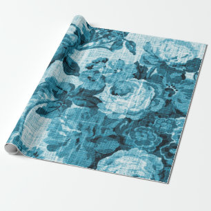 Teal Blue Toned Black White Floral Toile Wrapping Paper