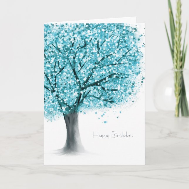 Teal blue tree abstract birthday card (Front)